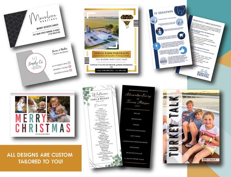 Examples of different printed designs, including cards, business cards, brochures and menus